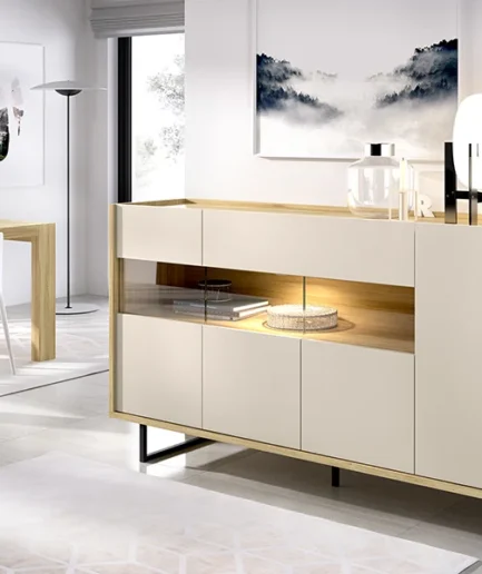 Aparador de melamina acabado en color Nordic de 178 × 45 × 86,4 cm, con diseño moderno, puertas y cajones de apertura sin tirador.