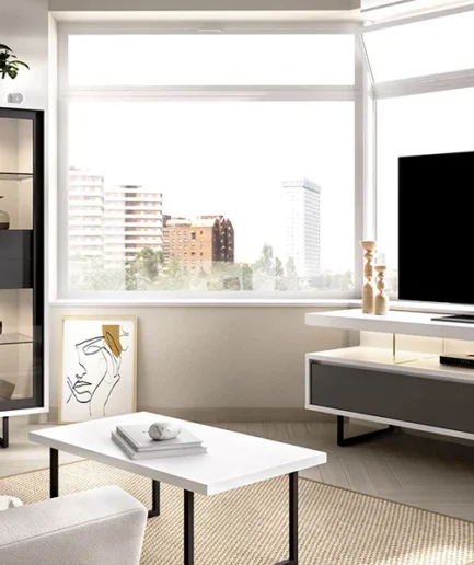 Composición modular Duo 58 de Rimobel con mueble de televisión, módulos de almacenamiento y diseño moderno en melamina.