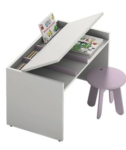 Pupitre infantil con tablero elevable y espacio de almacenaje interior, disponible en varios colores, ideal para dibujar, estudiar y organizar el material escolar.