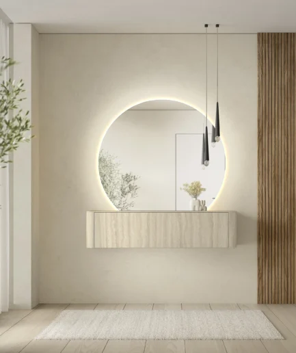 Composición de recibidor Kazzano B133 con espejo redondo y diseño contemporáneo para la entrada del hogar.
