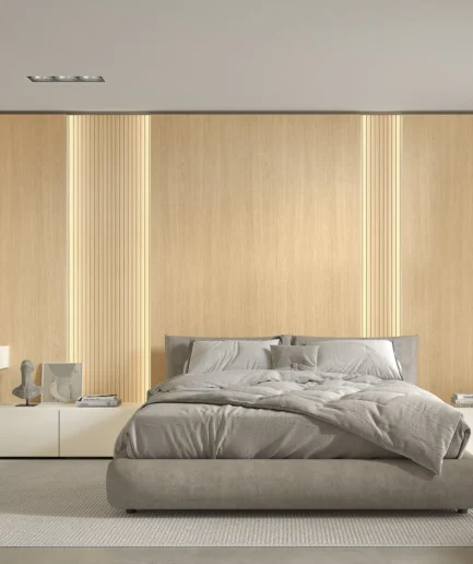 Panel decorativo Kazzano B163 de gran formato en acabados Roble Tokio y Beige para pared de salón.