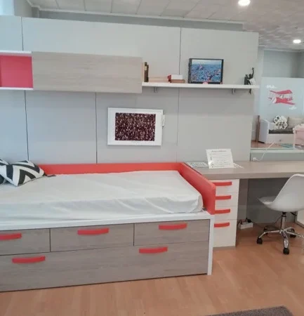 Dormitorio juvenil LAN Mobel con dos camas, cajones, estanterías y escritorio